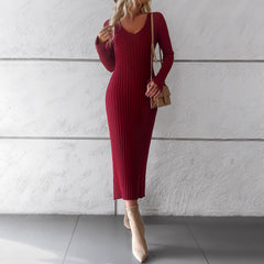 Timeless Ribbed Knit Midi Dress with Long Sleeves