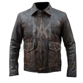 Men's Distressed Brown Leather Jacket with Utility Pockets