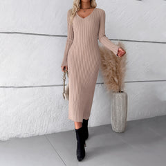 Timeless Ribbed Knit Midi Dress with Long Sleeves
