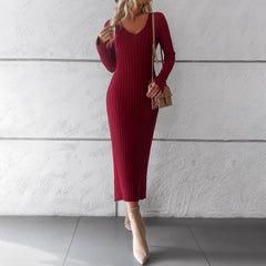 Timeless Ribbed Knit Midi Dress with Long Sleeves