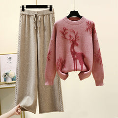 Cozy Winter Deer Print Sweater and Knit Palazzo Pant Set