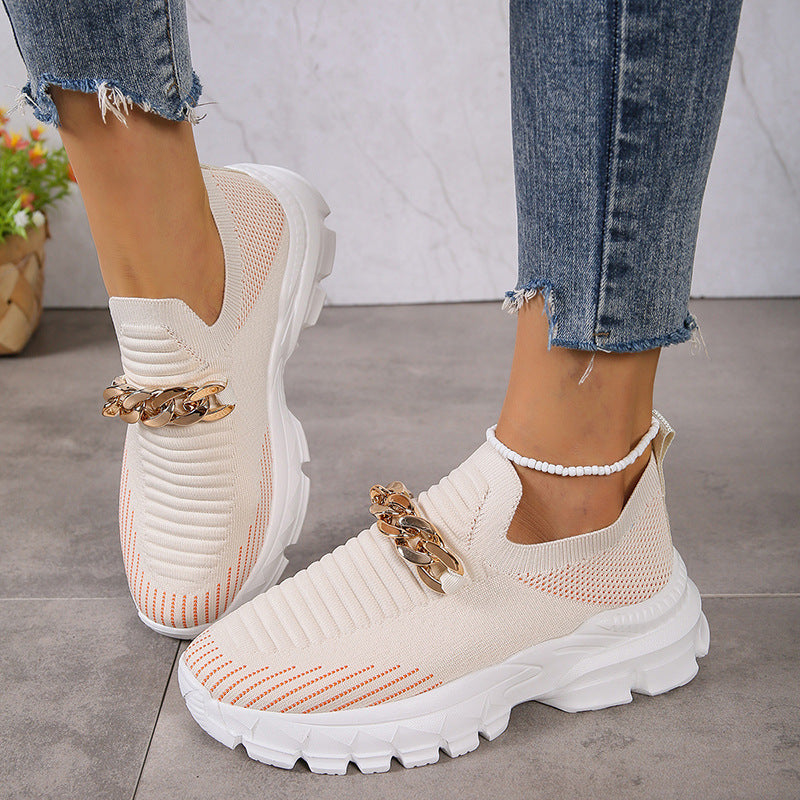 Platform Slip on Sneakers - Casual Knit with Chain Accent