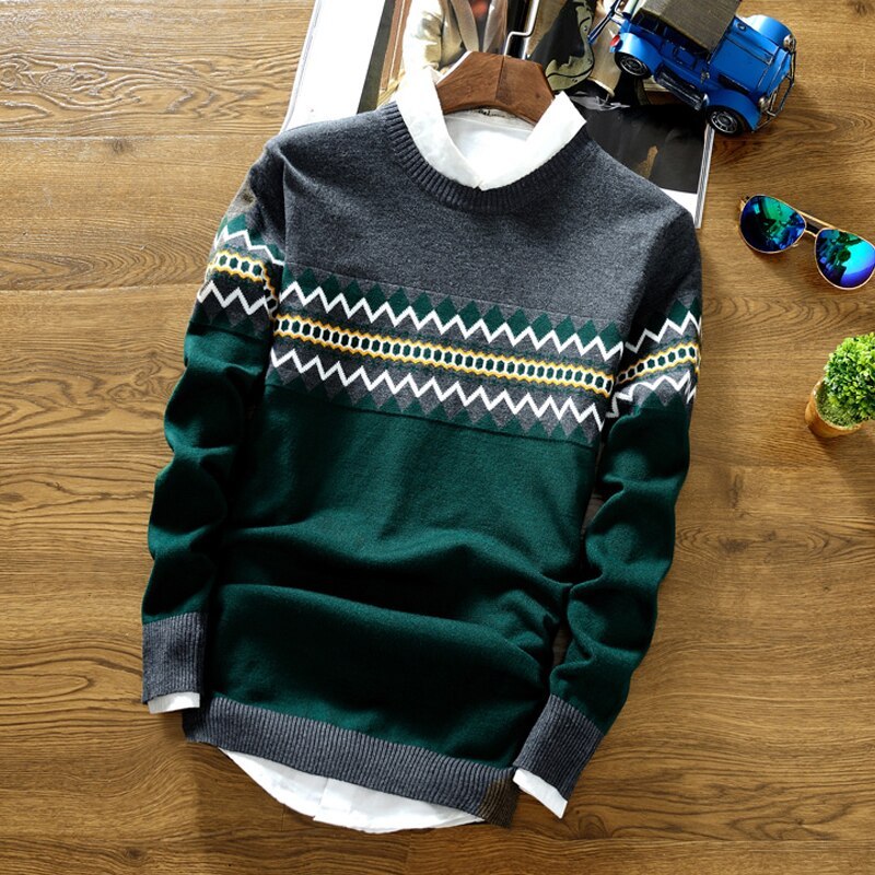 Men's Geometric Pattern Crewneck Sweater - Casual Long Sleeve Pullover