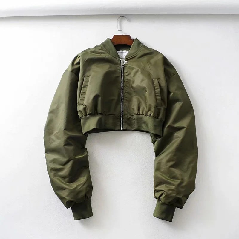 Women's Short Bomber Jacket - Zipper Closure