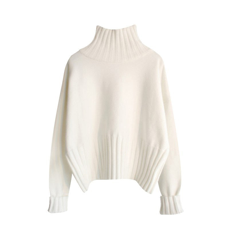 Elegant Ribbed Knit Mock Neck Sweater with Dramatic Puff Sleeves