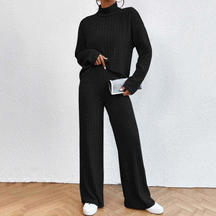 Cozy Ribbed Knit Turtleneck Set with Wide-Leg Pants