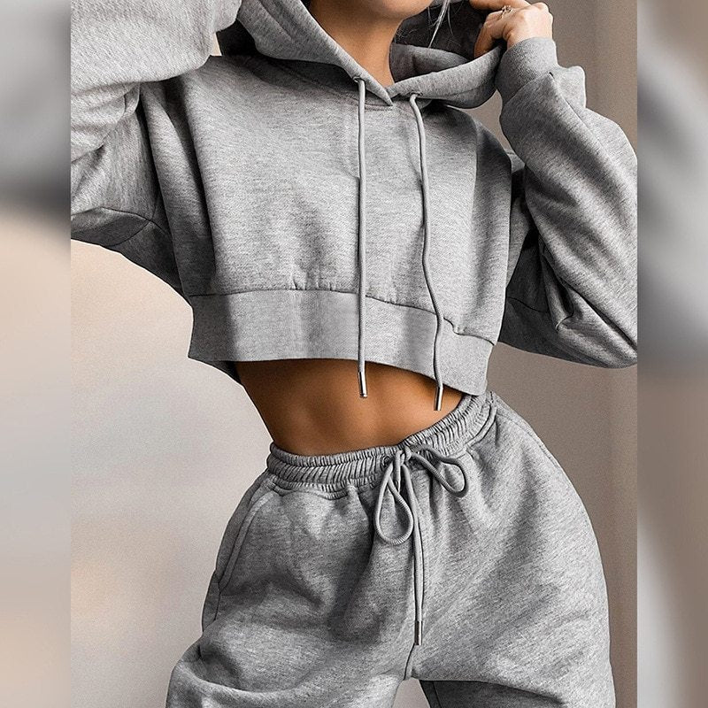 Crop Hoodie and Sweatpants - Women's Casual Tracksuit