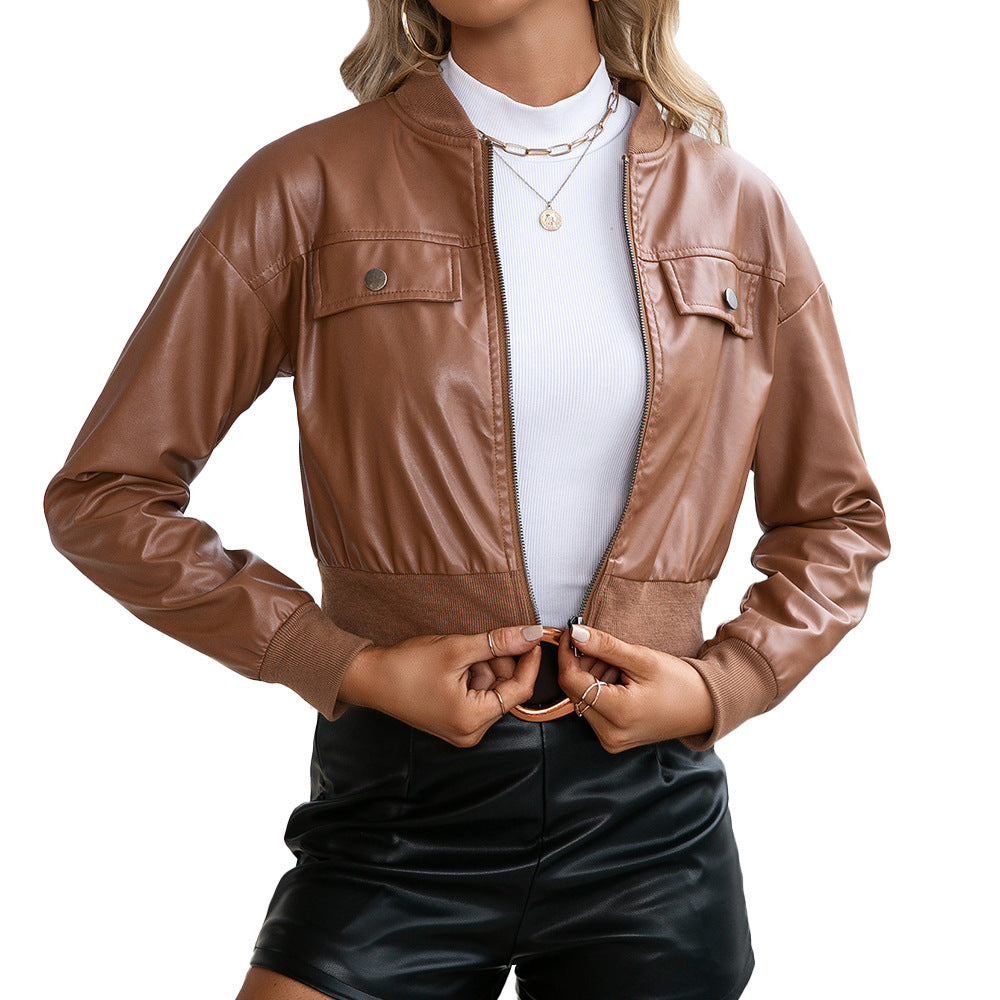 Timeless Style: Faux Leather Jacket with Functional Pockets & Ribbed Cuffs