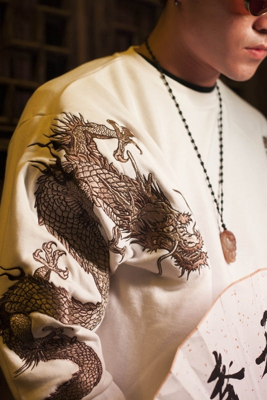 Embroidered Dragon Graphic Pullover Sweatshirt