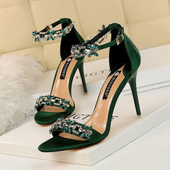 Glamorous Crystal-Adorned Satin Heels: Dazzling Evening Style