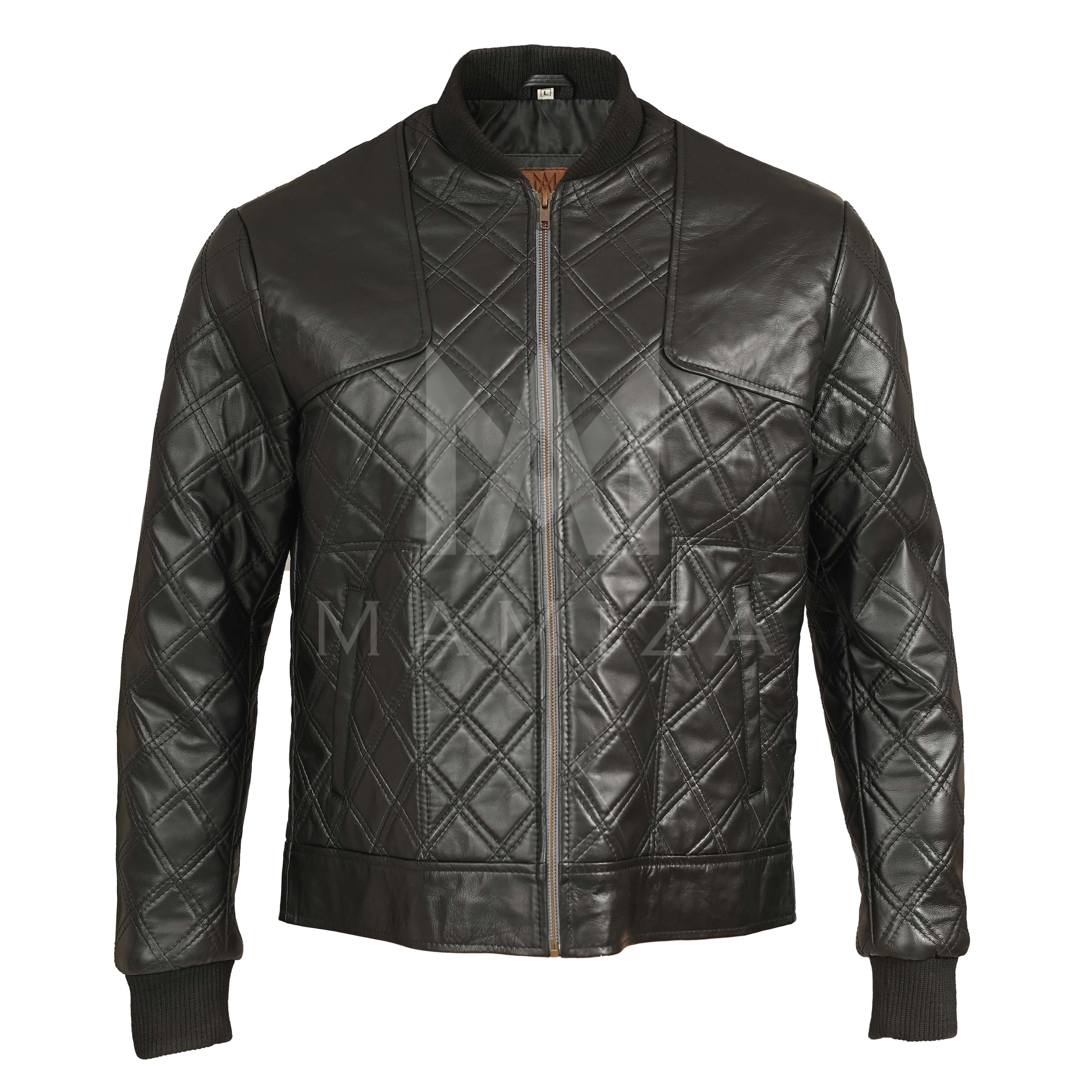 Men's Quilted Leather Bomber with Diamond Pattern