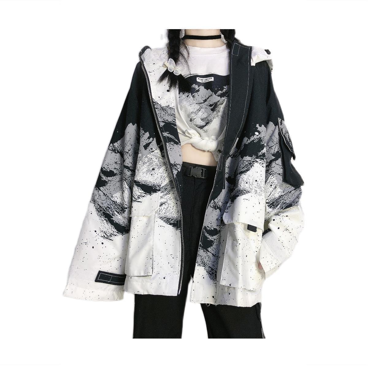 Abstract Mountain Print Hooded Jacket