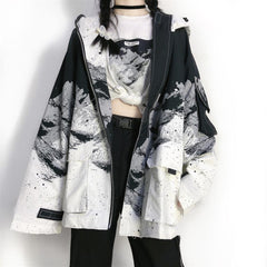 Abstract Mountain Print Hooded Jacket