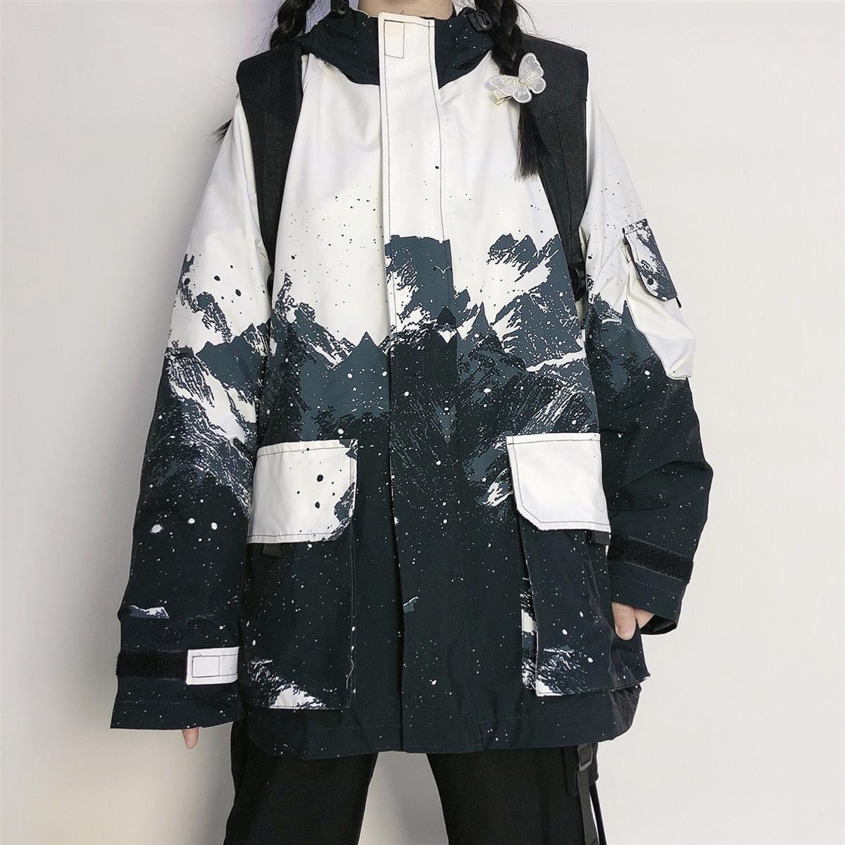 Abstract Mountain Print Hooded Jacket