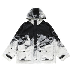 Abstract Mountain Print Hooded Jacket