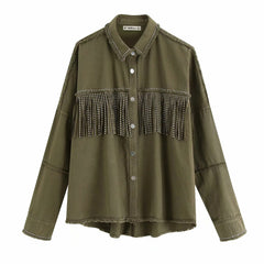 Women's Oversized Suede Fringe Denim Jacket