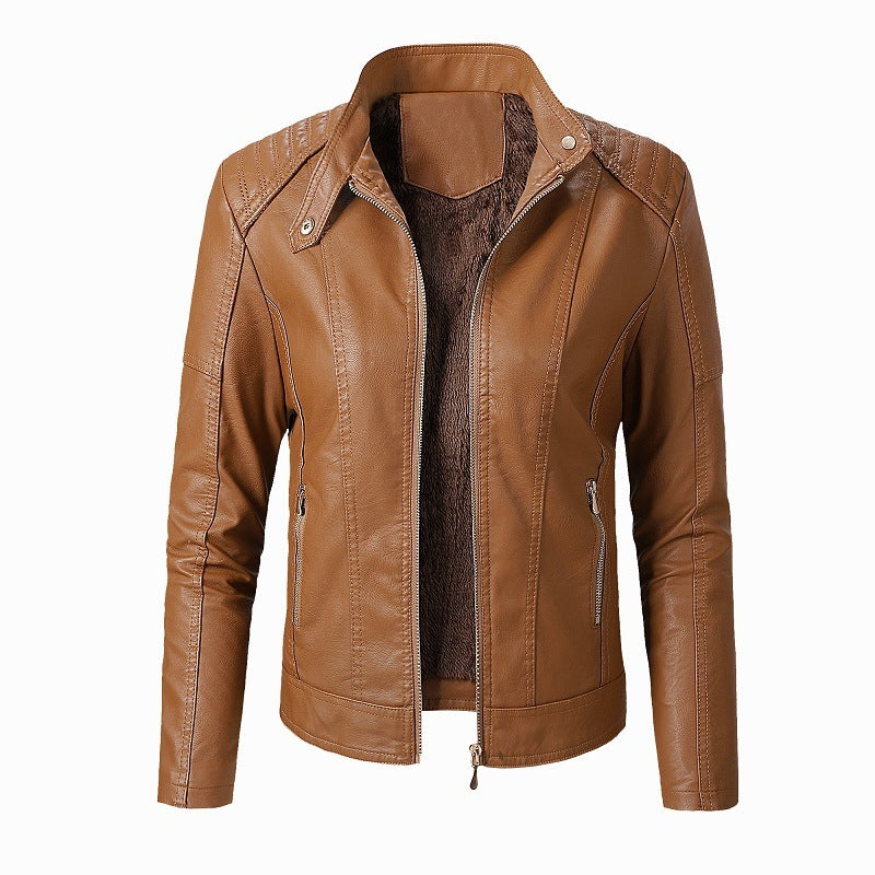 Women's Stand Collar PU Leather Jacket