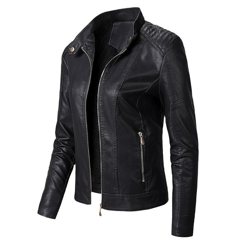 Women's Stand Collar PU Leather Jacket