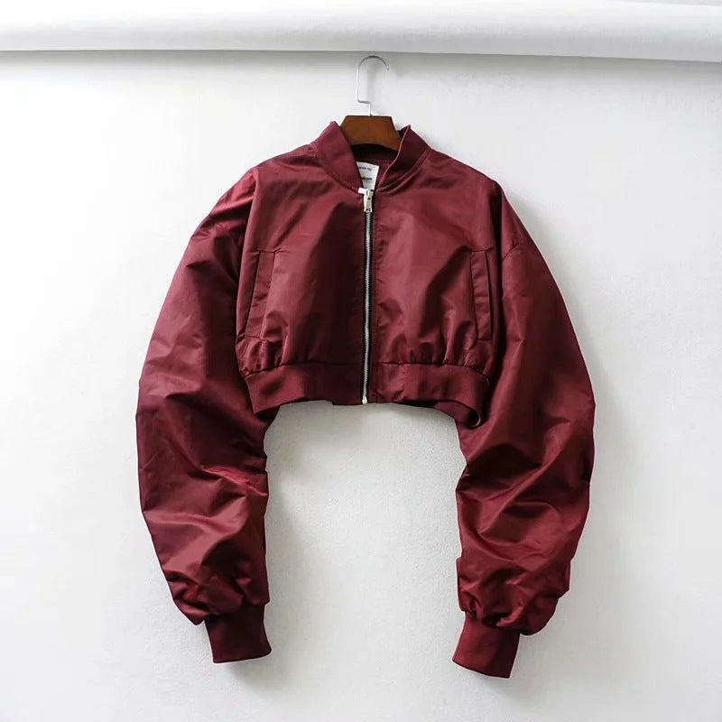 Women's Short Bomber Jacket - Zipper Closure