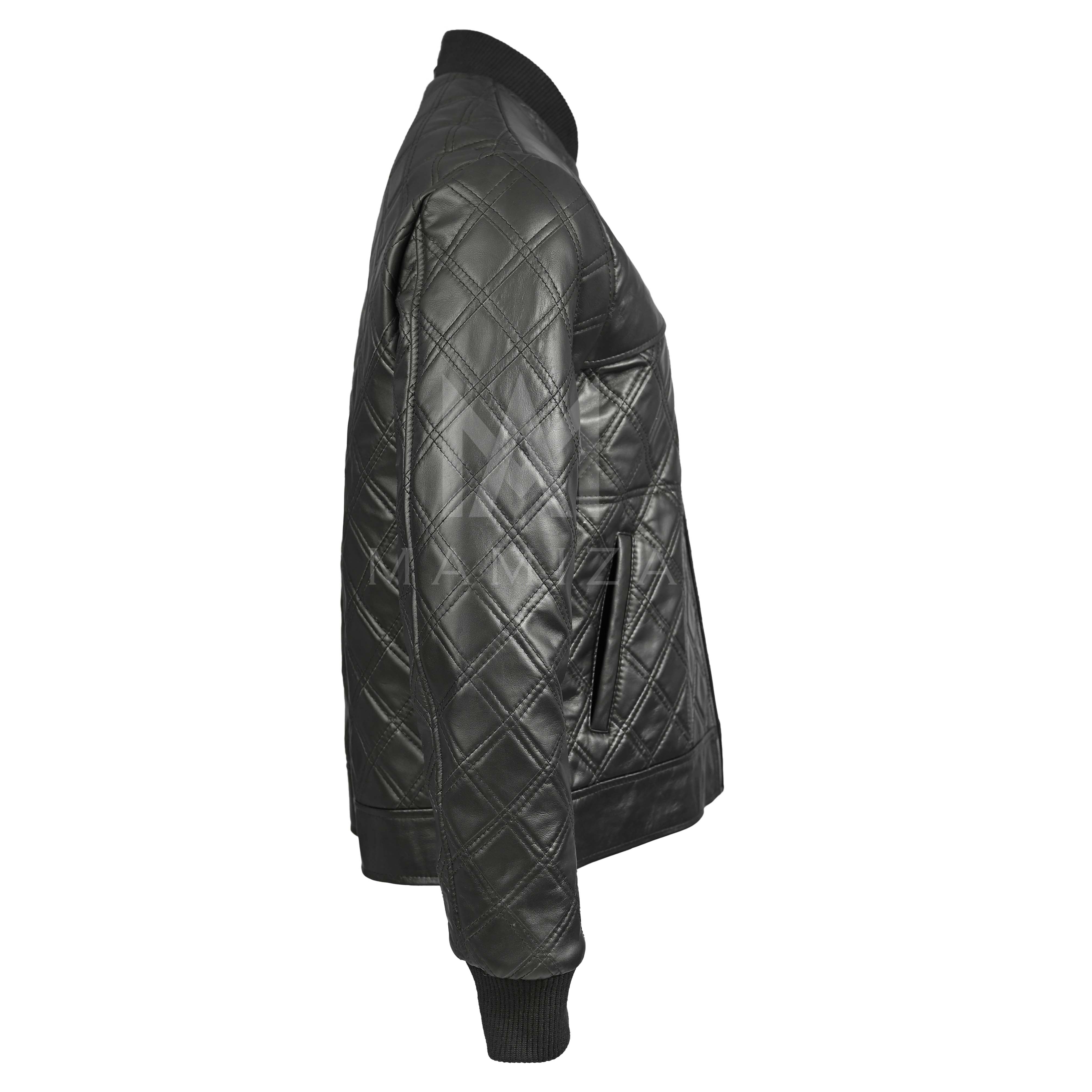 Men's Quilted Leather Bomber with Diamond Pattern