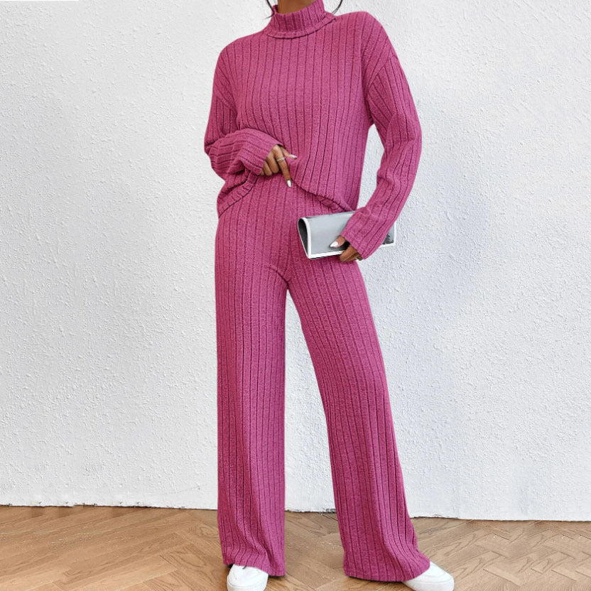 Cozy Ribbed Knit Turtleneck Set with Wide-Leg Pants