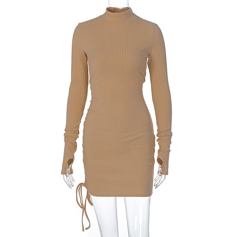 Elegant Ribbed Knit Mock Neck Mini Dress with Dramatic Sleeves