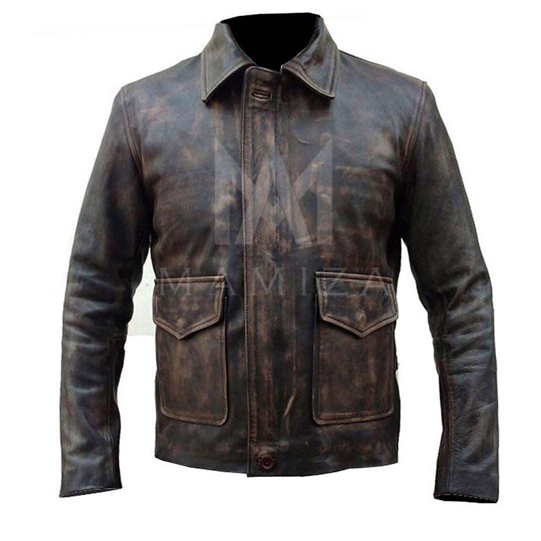 Men's Distressed Brown Leather Jacket with Utility Pockets