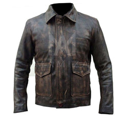 Men's Distressed Brown Leather Jacket with Utility Pockets