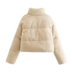 Women's Cropped Cream Teddy Fleece Puffer Jacket - Warm & Stylish