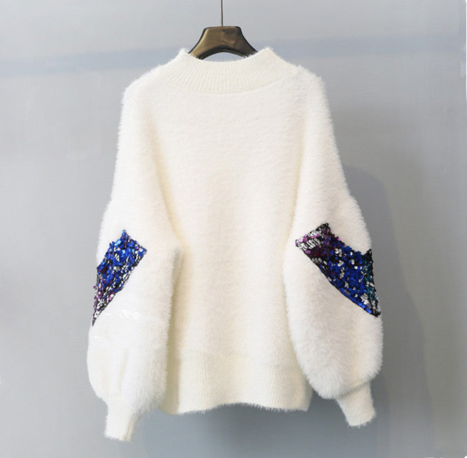 Luxurious Faux Fur Sweater with Vibrant Sequin Accent Panel