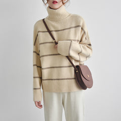 Cozy Striped Turtleneck Sweater with Puff Sleeves