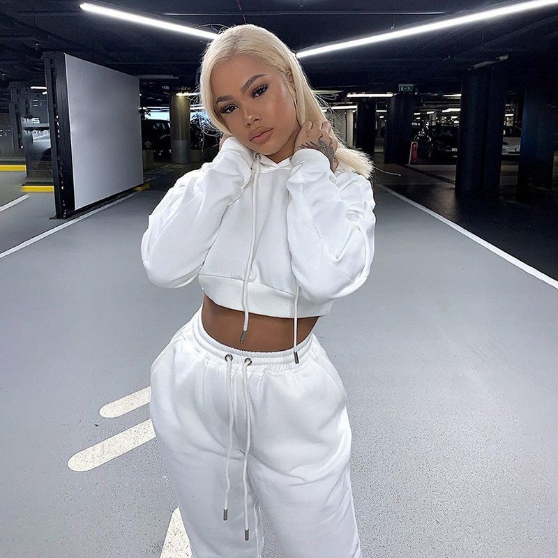 Crop Hoodie and Sweatpants - Women's Casual Tracksuit