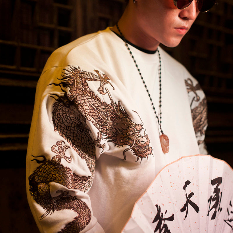 Embroidered Dragon Graphic Pullover Sweatshirt