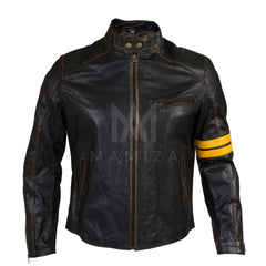 Men's Black Leather Biker Jacket with Yellow Accents - Stylish & Durable