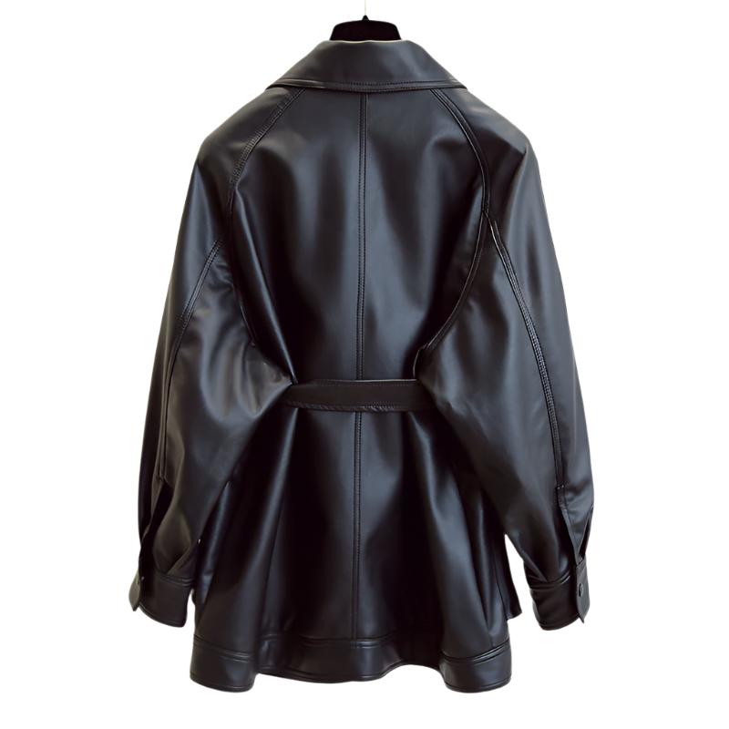 Women's Black Faux Leather Jacket with Belt - Trendy & Versatile