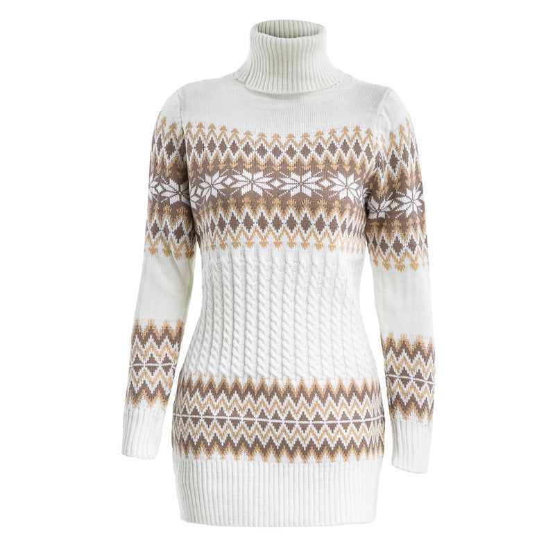 Cozy Patterned Knit Turtleneck Sweater Dress with Festive Snowflake Design