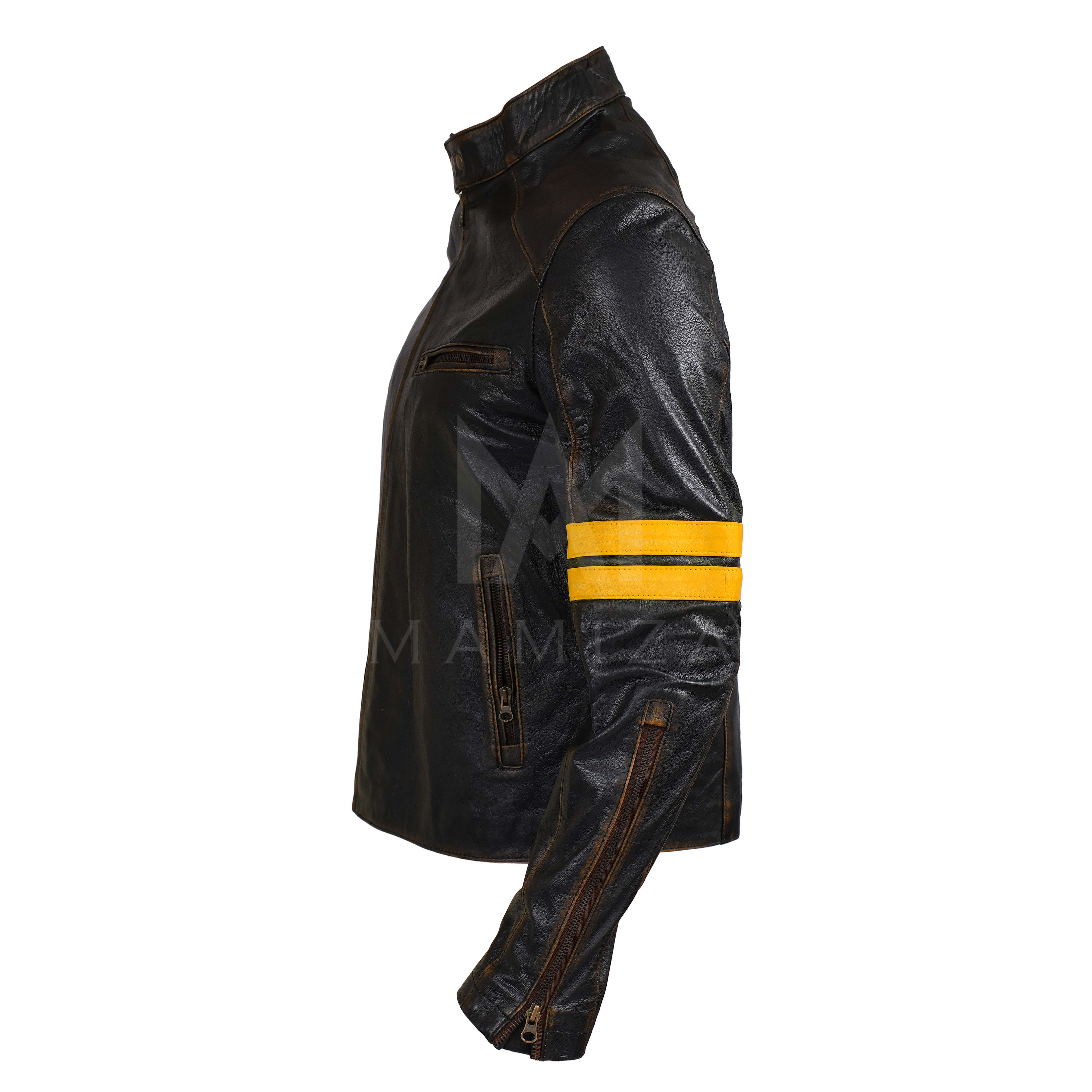 Men's Black Leather Biker Jacket with Yellow Accents - Stylish & Durable