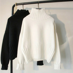 Elegant Ribbed Knit Mock Neck Sweater with Dramatic Puff Sleeves