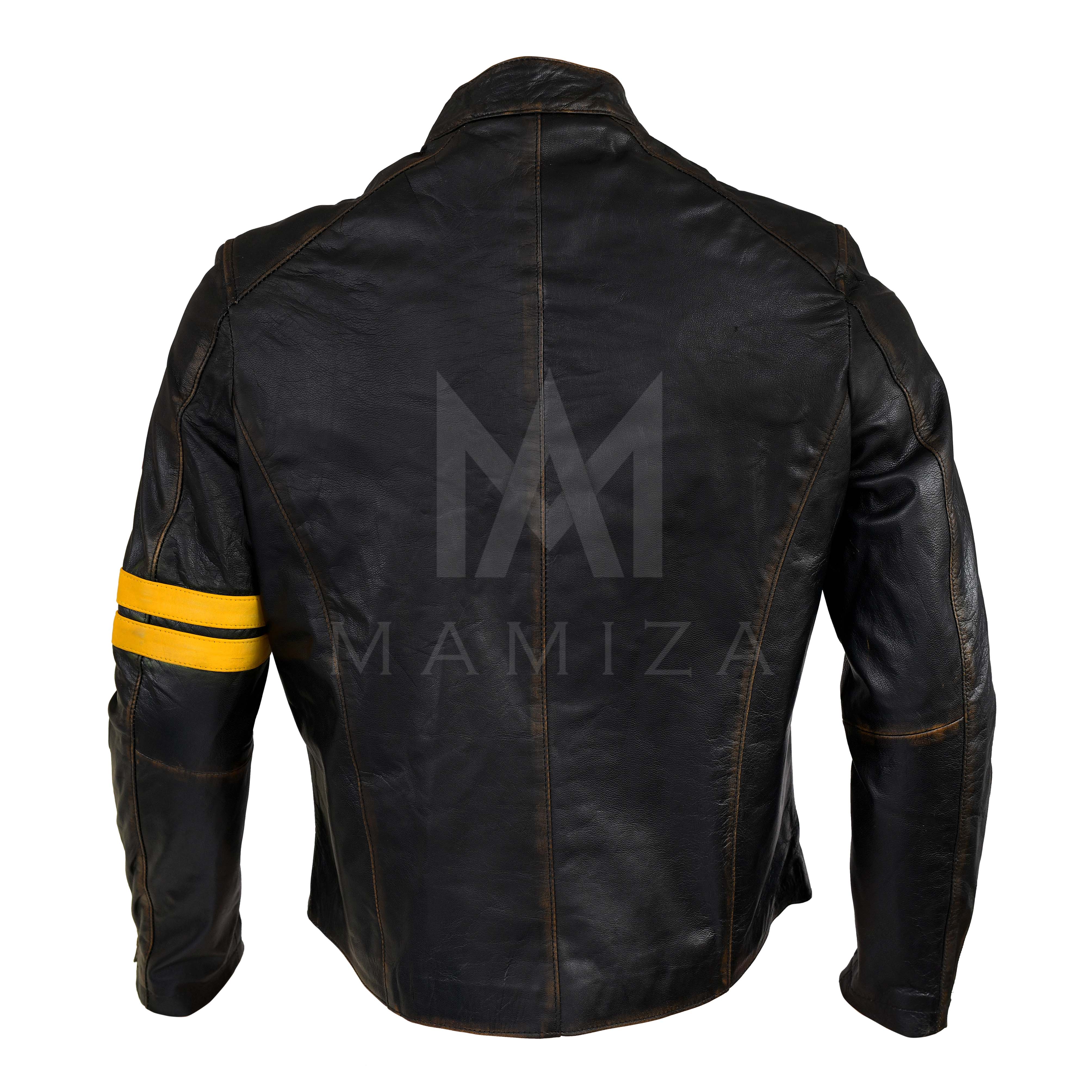 Men's Black Leather Biker Jacket with Yellow Accents - Stylish & Durable