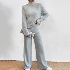 Cozy Ribbed Knit Turtleneck Set with Wide-Leg Pants