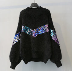 Luxurious Faux Fur Sweater with Vibrant Sequin Accent Panel