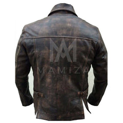 Men's Distressed Brown Leather Jacket with Utility Pockets