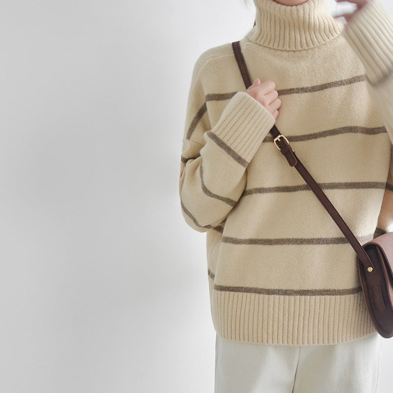 Cozy Striped Turtleneck Sweater with Puff Sleeves