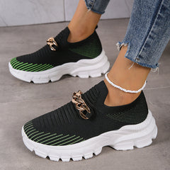 Platform Slip on Sneakers - Casual Knit with Chain Accent