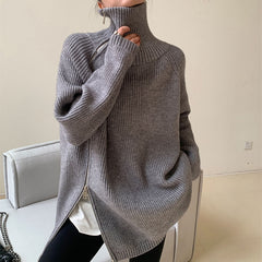 Cozy Oversized Ribbed Knit Turtleneck Pullover Sweater with Zippered Side Vents