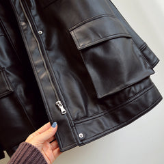 Women's Black Faux Leather Jacket with Belt - Trendy & Versatile