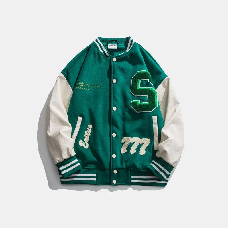 Retro-Inspired Varsity Jacket with Embroidered Graphics