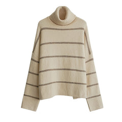 Cozy Striped Turtleneck Sweater with Puff Sleeves