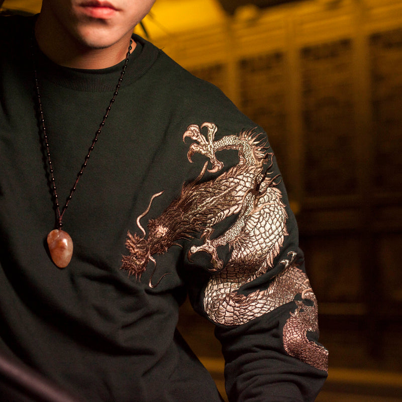 Embroidered Dragon Graphic Pullover Sweatshirt