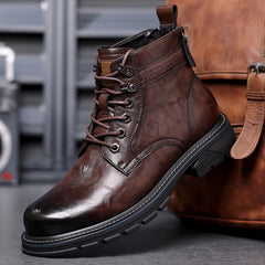 Rugged Leather Lace-Up Work Boots with Durable Sole